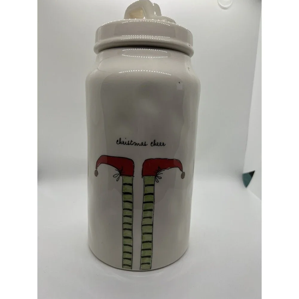 elf RAE DUNN ELf FEET CHRISTMAS CHEER TALL CERAMIC CANISTER cream red  elves